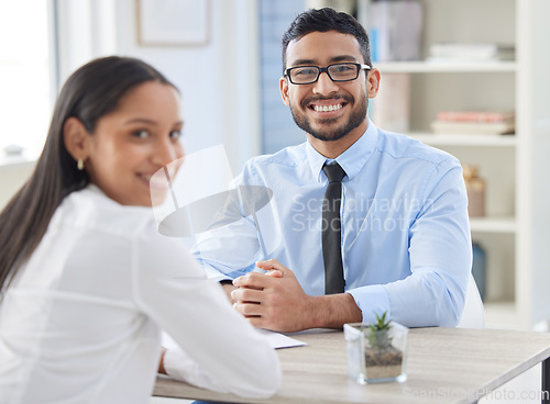 Image of Meeting, CV and portrait of business people for interview, job vacancy and career opportunity in office. Corporate manager, recruitment and happy man and woman for hiring with resume or CV documents