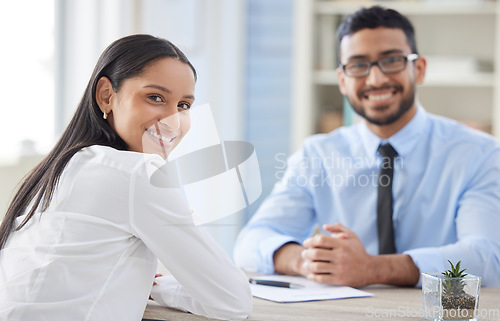 Image of Meeting, office and portrait of business people for interview, job vacancy and career opportunity. Corporate boss, recruitment and happy man and woman for hiring with resume, contract or CV documents