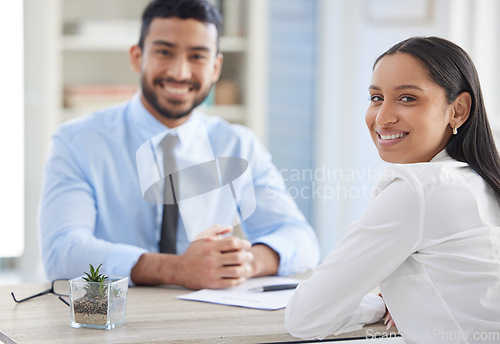 Image of Job interview, hiring and portrait of business people for meeting, vacancy and career opportunity in office. Corporate boss, recruitment and happy man and woman with resume, contract or CV documents