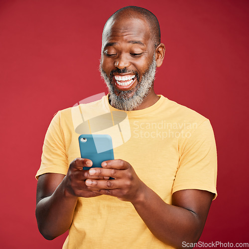 Image of Studio, black man and smile for phone communication, social media or online announcement. Mobile, mockup and person happy ux with app, reading website or typing post on internet or search on web