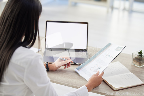 Image of Sales report, woman writing and blank screen at computer in a office with reading and data. Information, professional employee and female person with business document, notebook and desktop pc mockup