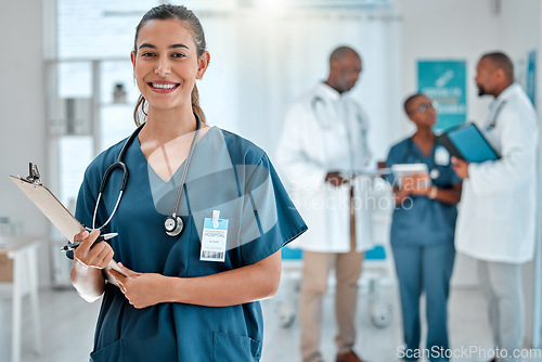 Image of Healthcare, doctor and portrait of woman with clipboard for medical report, results and wellness. Hospital, clinic team and face of female health worker smile for service, consulting and insurance