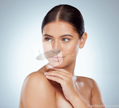 Image of Beauty, face and smooth skincare of woman in studio isolated on a white background. Natural, female model and makeup, cosmetics or spa facial treatment for healthy skin, glowing aesthetic or wellness