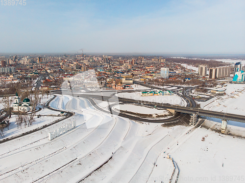 Image of Aerial shot of bridge and car driving on the bridge