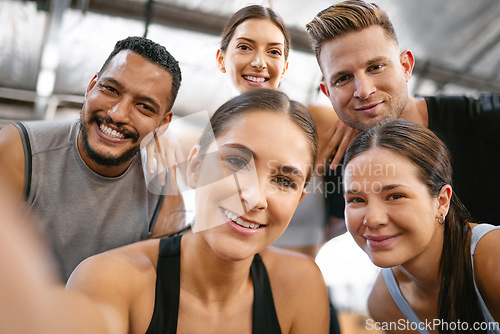 Image of Fitness friends, face and selfie in gym with smile in portrait, exercise together and motivation. Health, wellness and trust, training and friendship, people are happy in picture at workout studio