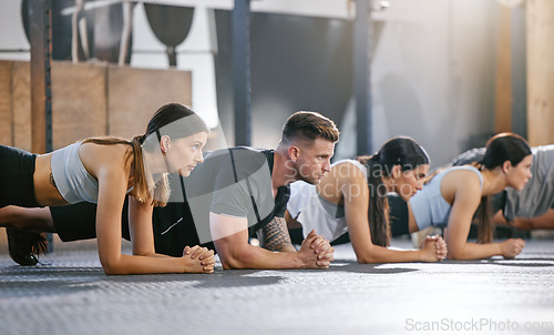 Image of Gym, fitness and people with plank exercise on floor for strength, resilience and training, focus or mindset. Health club, push up and person group with endurance workout for balance, power or cardio