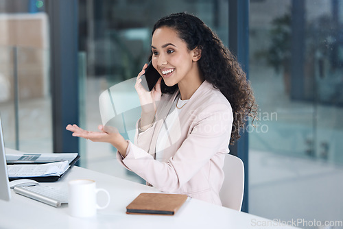 Image of Computer, excited and phone call with business woman in office for networking, deal or contact. Communication, happy and planning with female employee for online, project and connection