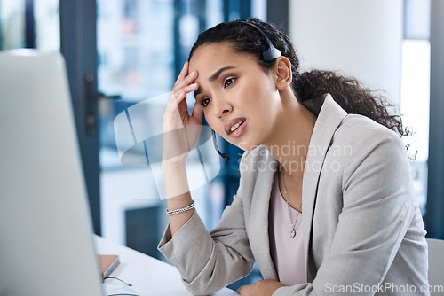 Image of Confused, frustrated and call center with business woman in office for tired, stress or burnout. Customer service, anxiety and mental health with female employee at computer for exhausted and mistake