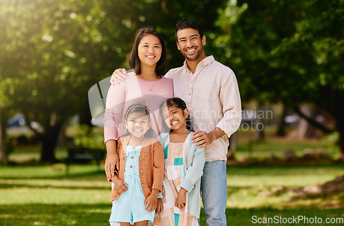 Image of Portrait of happy family, parents and kids smile together in trees, bonding and time in nature. Mother, father and children on grass field in woods for fun outdoor adventure in garden with mock up.