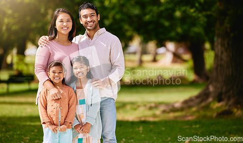 Image of Portrait of happy family, park and parents with kids, mockup and bonding time in nature together with smile. Mother, father and children on grass field for fun outdoor adventure in summer garden.