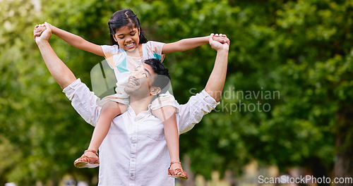 Image of Airplane, love and father with girl in a park happy, playing and having fun together outdoor. Flying, piggyback and child with parent in a forest for games, bonding and smile while walking in nature