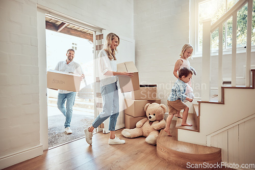 Image of Children, new home or parents moving boxes in real estate property investment or rental apartment. Mother helping, father or happy kids carrying or lifting a box in family house to move in together