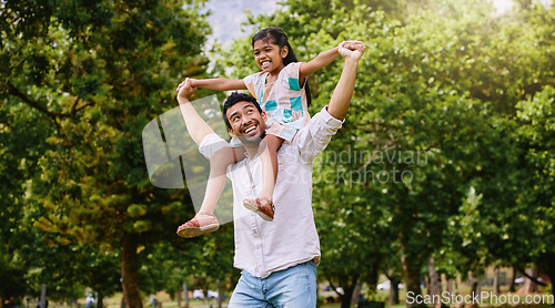 Image of Indian father, daughter and shoulders in park with smile, airplane game or piggyback in nature on holiday. Man, girl and playing together in garden, woods or summer sunshine for happy family vacation