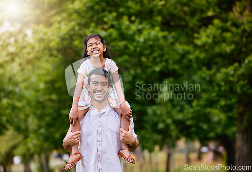 Image of Piggyback, portrait and father with child in a park happy, playing and having fun together. Shoulder, games and face of girl with parent in forest, relax and smile in nature with love on the weekend