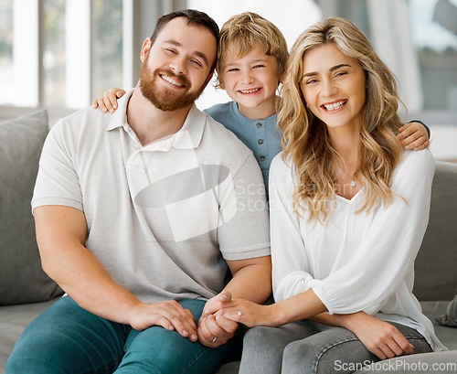 Image of Parents, portrait and couch with hug, son and smile with love, bonding and care in family home together. Father, mother and boy child with happiness, embrace and relax on living room sofa in house