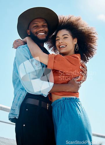 Image of Portrait, hug and couple outdoor, love and relationship with happiness, bonding and loving together. Face, man or woman embrace, interracial and romance with quality time, smile and support with care