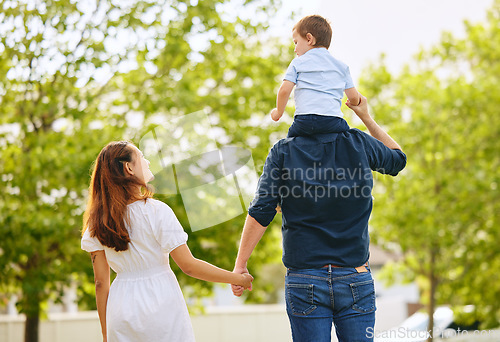 Image of Dad, boy and girl in park with back, hug and sitting on shoulders with care, love and walk together in summer. Man, young children and embrace with piggyback, trees and forrest with bond on holiday