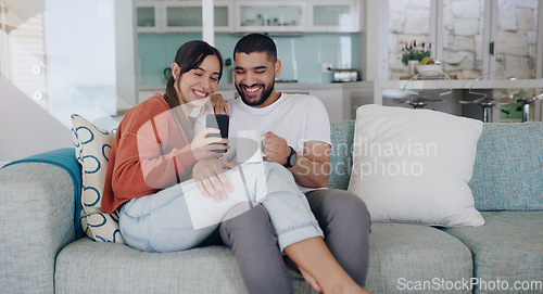 Image of Phone, happy and couple relax on sofa for social media post, online website and internet at home. Communication, relationship and man and woman on smartphone for quality time, bonding and networking