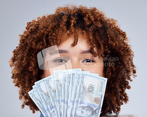 Image of Money, cover face and portrait of woman isolated on white background winning, cash fan or finance loan. Lottery, bank and african person or winner investment bonus, budget secret or financial profit