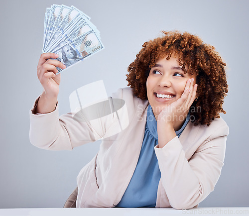 Image of Face, money and woman with cash in studio, mockup or payment from lottery, competition or financial winner. Female person, finance award or bonus prize in savings, trading investment or bank bills