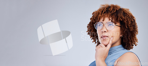 Image of Thinking, ideas and space of woman isolated on white background in business decision, choice or solution in studio. Creative vision, idea mockup and brainstorming of african person planning on banner