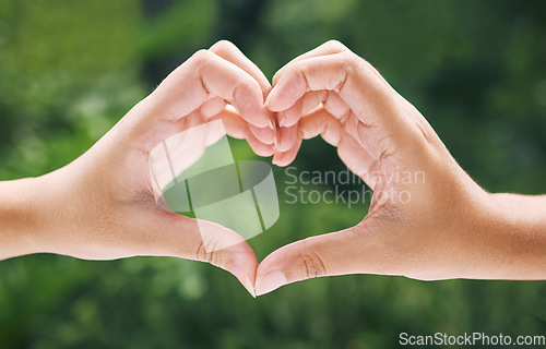 Image of Hands, heart and emoji with eco friendly friends outdoor together in summer for love or solidarity. Social media, icon and hand gesture with people outside in nature for sustainability or bonding