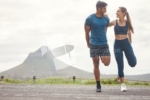Image of Stretching legs, run warmup and couple of friends in the mountain for outdoor exercise. Training, balance and young people smile with leg stretch for fitness, sports and workout on road with mockup
