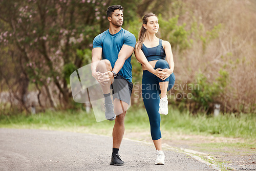 Image of Stretching legs, body warmup and couple of friends for outdoor and sport exercise. Training, wellness balance and young people smile with leg stretch for fitness run, sports and workout on a road