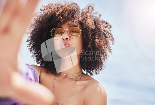 Image of Sky, selfie and woman on vacation, travel and happiness on a weekend break, sunglasses and cheerful. Portrait, female person and girl with eyewear, summer holiday or getaway with joy and social media