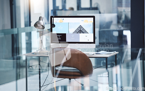 Image of Call center, computer screen and headset for customer service in an empty office. Crm, telemarketing and sales or contact us website for technical support with headphones, internet and desktop pc