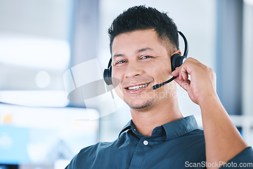 Image of Call center, customer service and face of a man with headset for contact us communication. Crm, telemarketing and sales or happy technical support agent or consultant person portrait with microphone