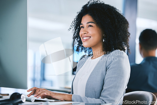 Image of Woman, computer with tech support and typing email, consultant at desk with smile and online customer service. Contact center, communication and happy female agent with feedback and help at agency