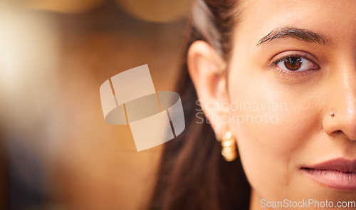 Image of Half face, beauty and portrait of woman with cosmetics, natural makeup and confidence. Mockup space, dermatology and closeup of female with nose piercing on bokeh background with smooth, healthy skin