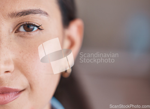 Image of Business woman, face and closeup of a professional headshot with vision and mockup. Workforce, young worker and female person from France in a office with a smile and happiness from creative job