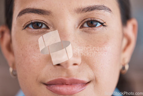 Image of Business woman, face and eyes closeup of a professional headshot with vision and mockup. Workforce, young worker and female person from France in a office with a smile and portrait with focus