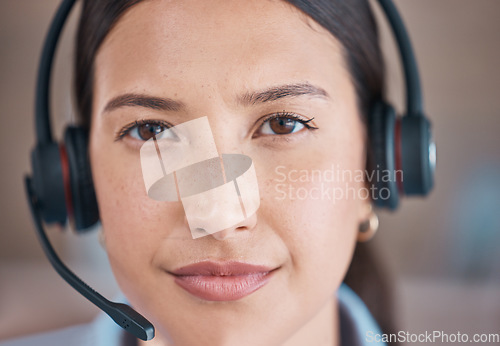 Image of Business woman, face and call center closeup of a professional headshot with vision. Workforce, worker and female person from France in a office with a portrait on telemarketing and contact us job