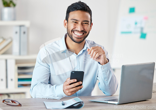 Image of Simile, phone and portrait of business man in a office with startup and technology. Motivation, worker and happiness of businessman with insurance agency work with mobile text and development at job