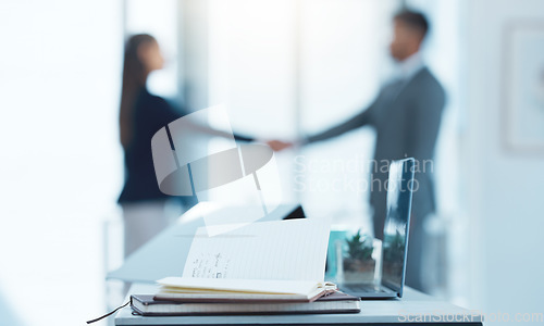 Image of Handshake, notebook and business people in a office with thank you, deal and agreement. Company team, shaking hands and networking of staff with interview, onboarding and hiring with paperwork