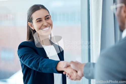 Image of Business, shaking hands and deal, happy woman in office with man, meeting and future partnership or collaboration. Welcome, thank you and corporate handshake for b2b contract agreement or onboarding.