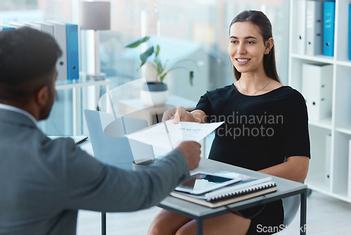 Image of Business meeting, hiring and resume of a corporate woman with hr and communication in office. Paperwork, interview and outsourcing in a company with professional opportunity and cv document review
