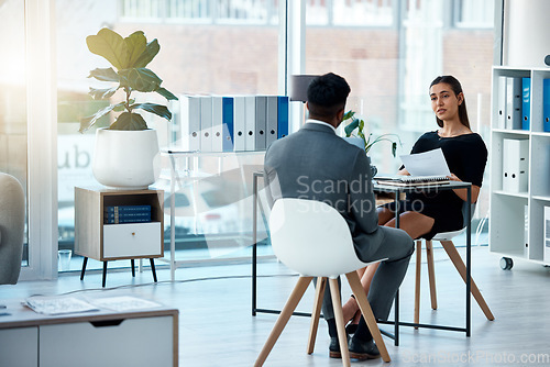 Image of Business meeting, hiring and cv of a corporate woman with hr and communication in office. Paperwork, interview and outsourcing in a company with professional opportunity in the workplace with offer