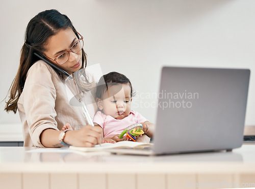 Image of Phone call, remote work and mother with baby, laptop and pen, busy freelancer worker writing project notes in book. Working at home, woman and child with cellphone, internet search and virtual job.