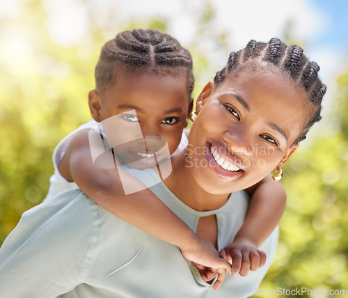 Image of Piggyback, african mother and daughter in park portrait with smile, game or happiness with love in summer sunshine. Black woman, mom and girl with hug, happy and outdoor together in garden on holiday