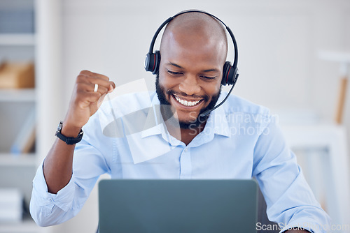 Image of Black man, fist pump and callcenter worker with win, smile with headset, communication and success with sale. Telemarketing, salesman and winning, happy male consultant with positive customer review
