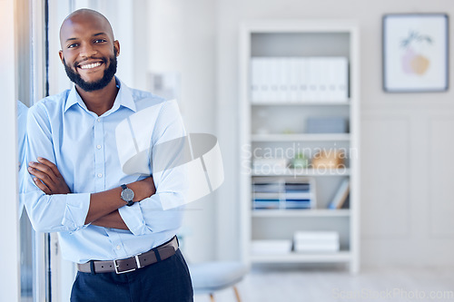 Image of Black man in business, arms crossed and portrait, professional mindset and mission with confidence. Career success, vision and happy male person, corporate future and company growth with mockup space