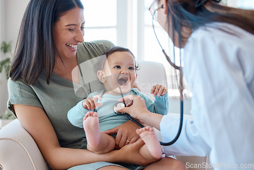 Image of Mother, baby and stethoscope of pediatrician for healthcare consulting, check lungs and breathing for heartbeat. Doctor, happy infant kid and chest assessment in clinic, hospital and medical analysis