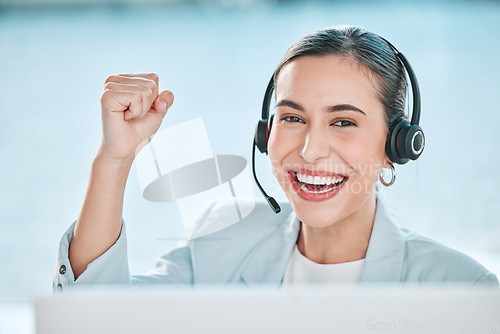 Image of Woman, call center portrait and fist celebration with smile for winning, success or yes for customer service. Girl, telemarketing agent and happy with tech support, help desk and celebrate promotion