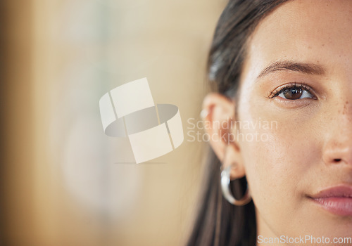 Image of Half face, mockup and portrait of a woman with clean, glow and healthy skin in a studio. Beauty, natural and closeup zoom of female model by background with mock up space for advertising or marketing