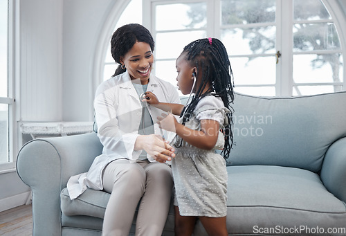 Image of Doctor, girl and pediatrician woman with stethoscope, medical test and appointment with child on sofa. Healthcare, cardiology and kid listen to heart, breathing and lung health in living room