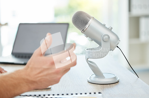 Image of Podcast, microphone and business person hands for career advice, news broadcast and web platform in office. Live streaming, computer and people hands, voice and tech for news, politics or radio talk